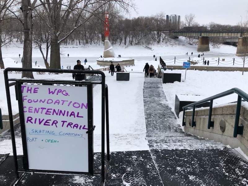 Skaters are enjoying the river trail at The Forks on January 1, 2021.