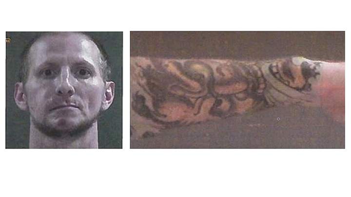 A photo of Terrance Allan Jones, and one of his right arm, which is heavily tattooed.