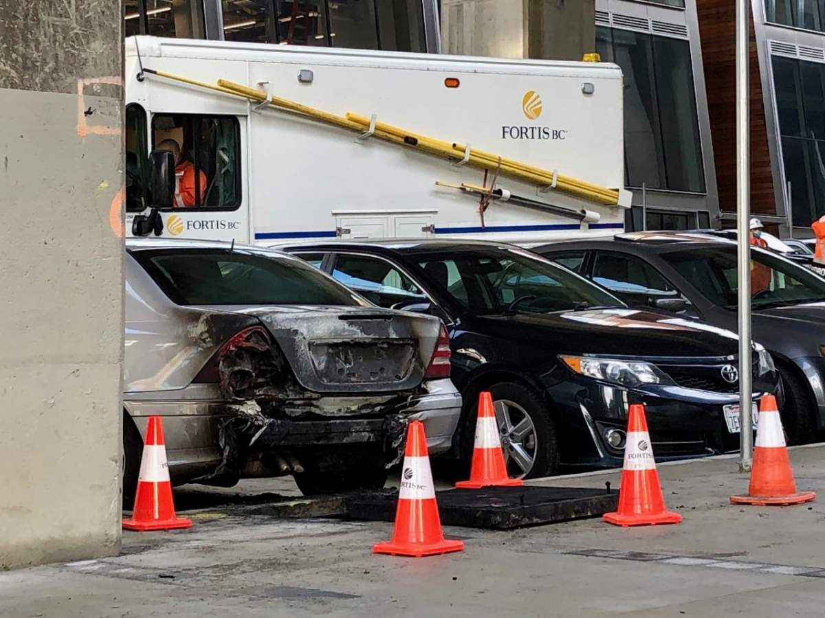 Cars damaged in the explosion in downtown Vancouver Tuesday, Jan. 5, 2021. Credit: Sergio Magro / Global News.