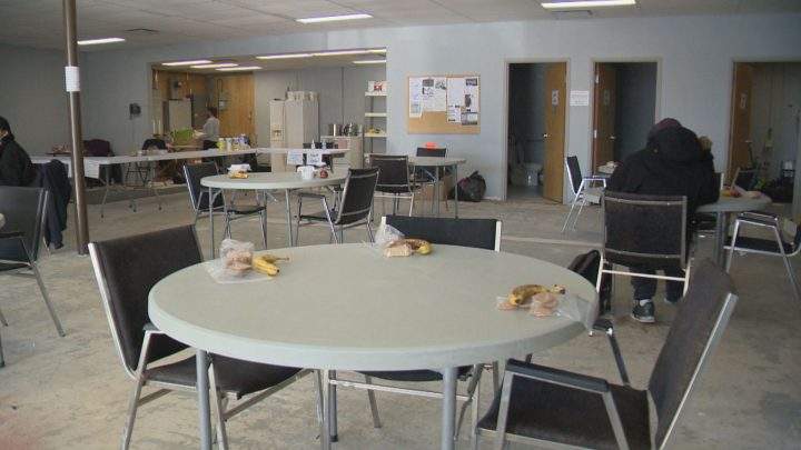 Pre-packaged snacks are placed at each physically-distanced table in the Regina warm-up centre.