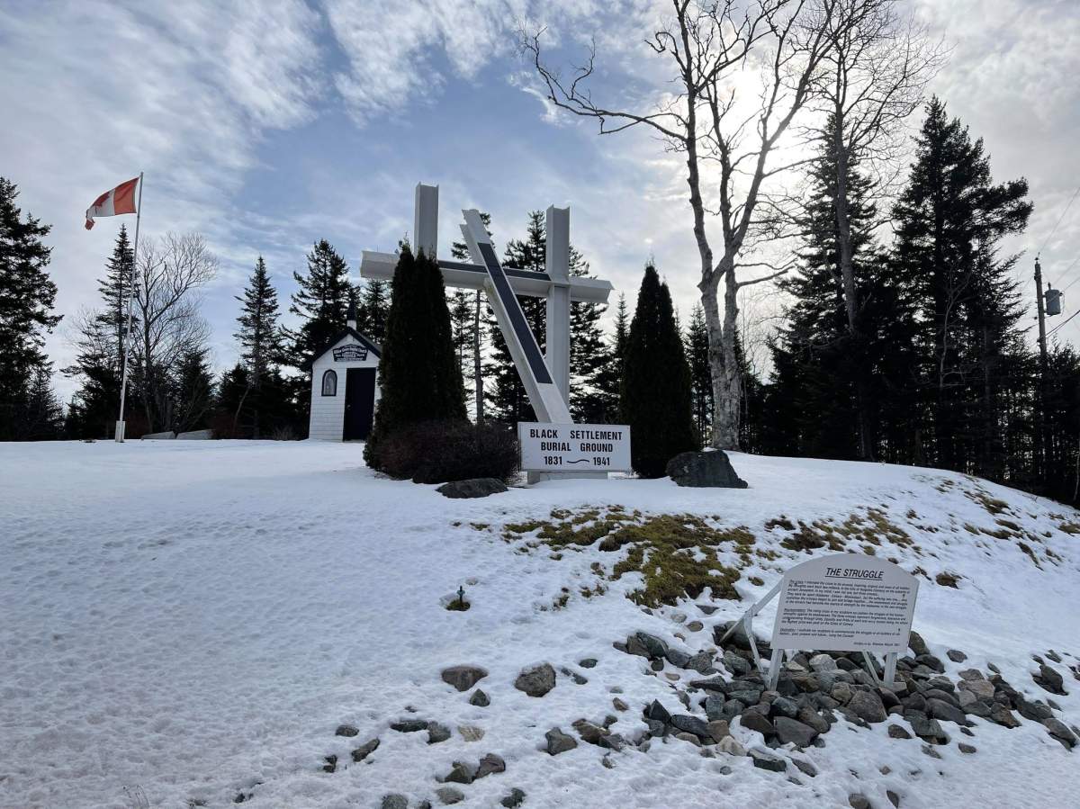 A memorial to Willow Grove’s early Black settlers is seen in Willow Grove, N.B.