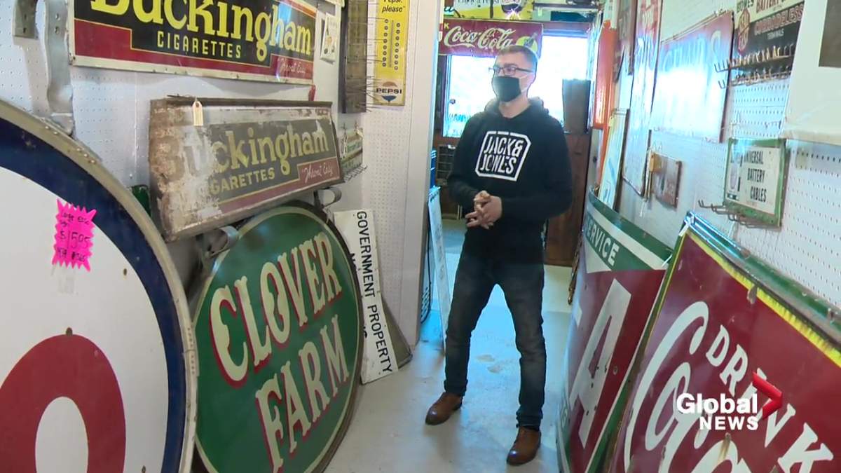 Mykel Lewsaw inside the Rocky Mountain Antique Mall in Edmonton, Alta.