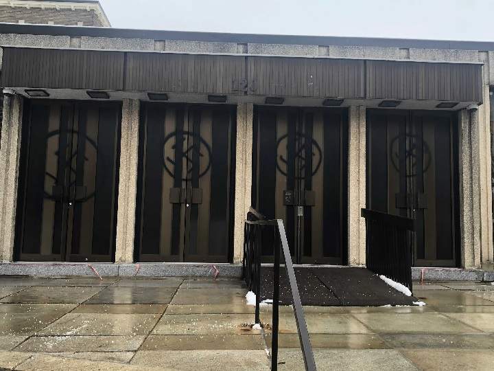 Swatstikas were spray painted on the doors of a synagogue in Westmount. Wednesday, Jan. 13, 2021.