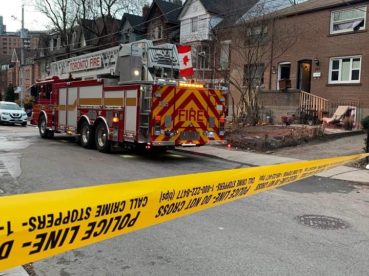 A photo of a fire truck on scene after a fire broke out at a home on Berkeley Street in downtown Toronto.