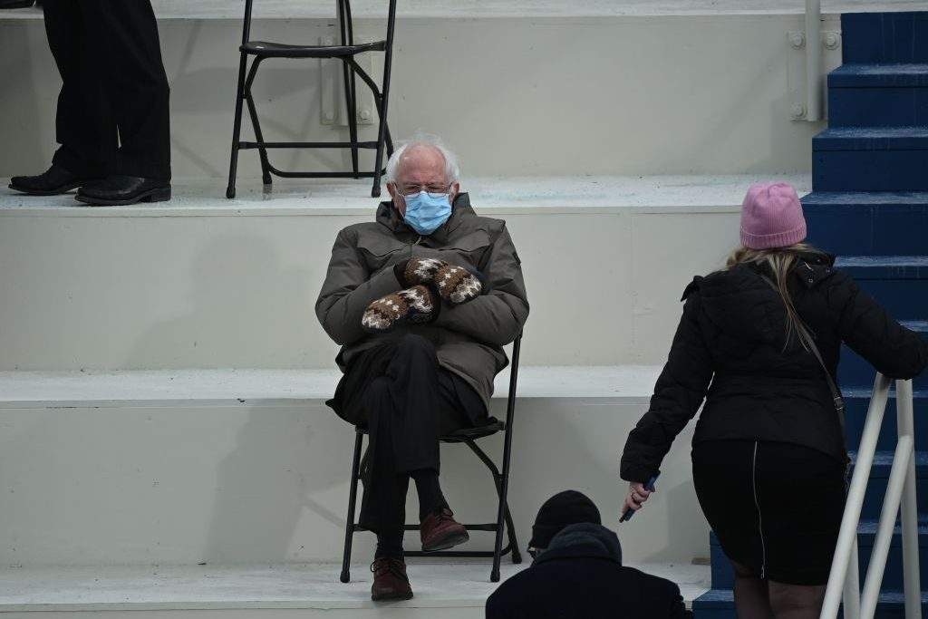 Former presidential candidate, Senator Bernie Sanders (D-Vermont) sits in the bleachers on Capitol Hill before Joe Biden is sworn in as the 46th US President on January 20, 2021, at the US Capitol in Washington, D.C.
