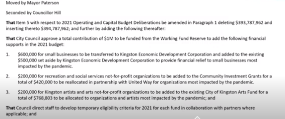 Mayor Bryan Paterson crafted an 11th hour budget amendment to earmark $1 million in one-time pandemic relief aid to support local businesses, arts, recreation and non-profit groups.