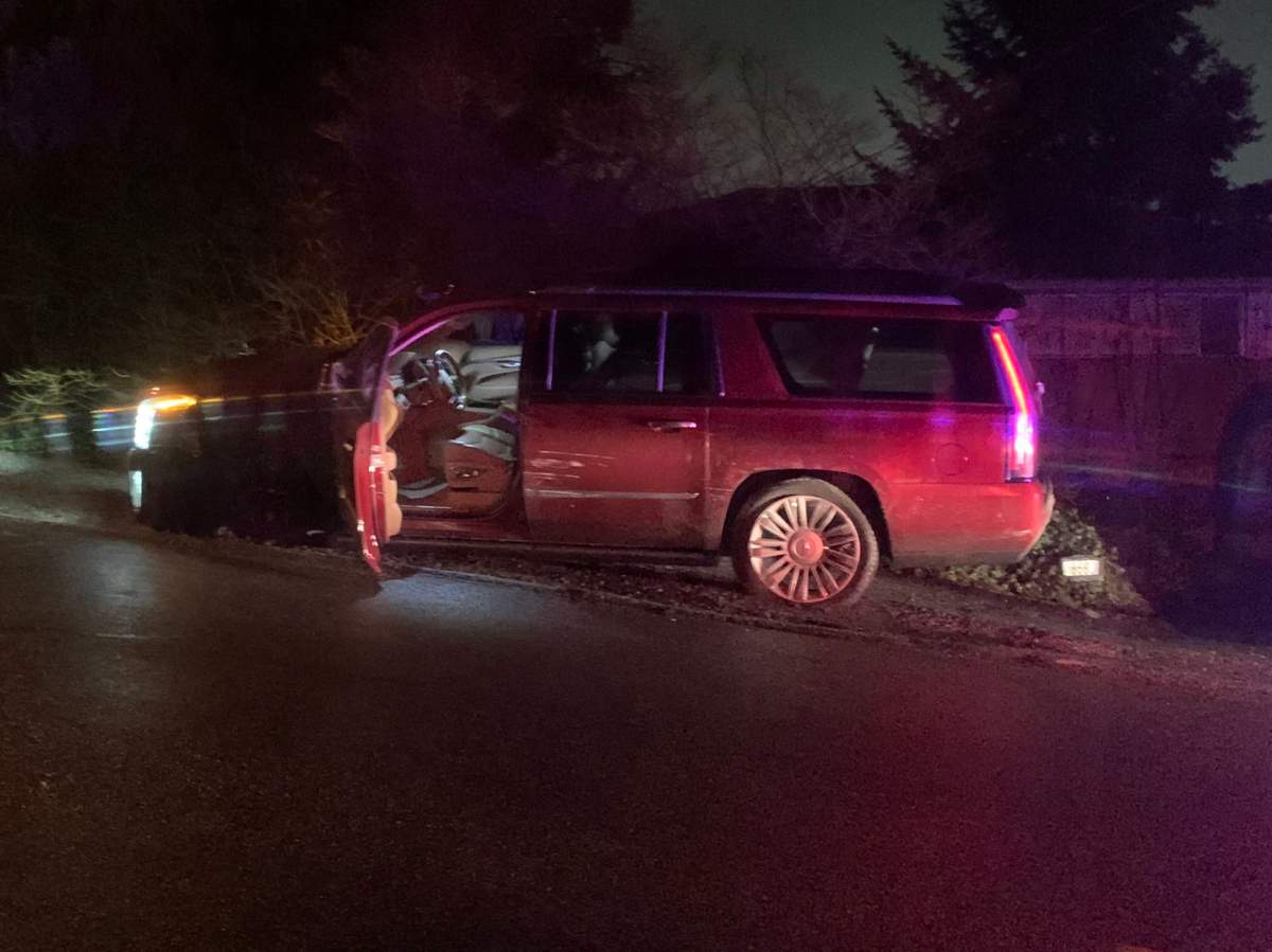 Burnaby RCMP say the driver of this SUV is suspected of being under the influence of alcohol when he collided with and sheared off a fire hydrant, resulting in a deluge that flooded two nearby homes.