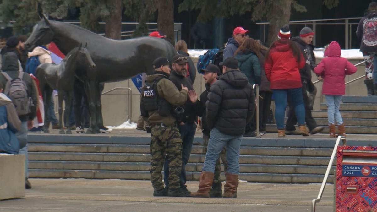 Pro-Trump protesters at Calgary City Hall on Wednesday, Jan. 6, 2021.