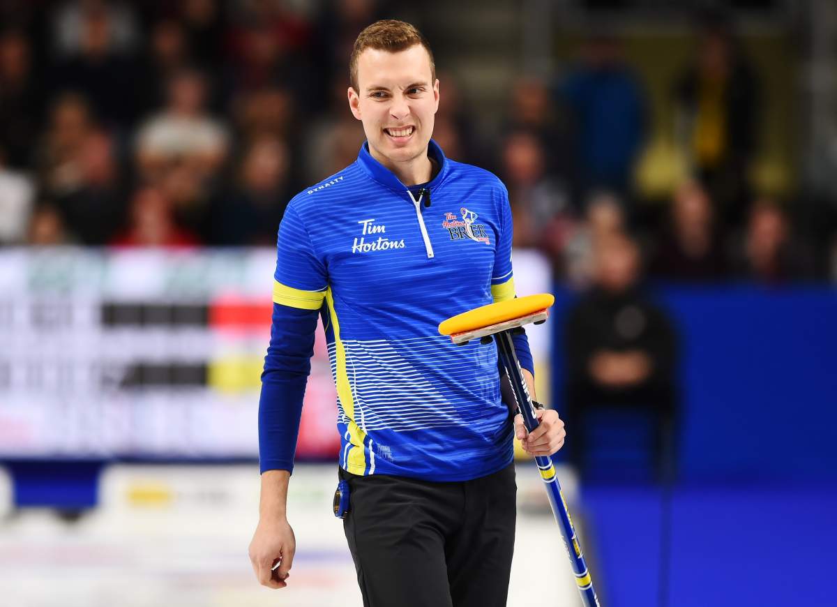 Team Alberta skip Brendan Bottcher reacts during the Brier curling final against Team Newfoundland and Labrador in Kingston, Ont., on Sunday, March 8, 2020. 