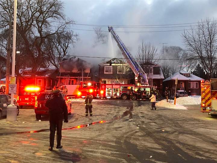A photo of the fire scene on Gainsborough Road in Toronto.