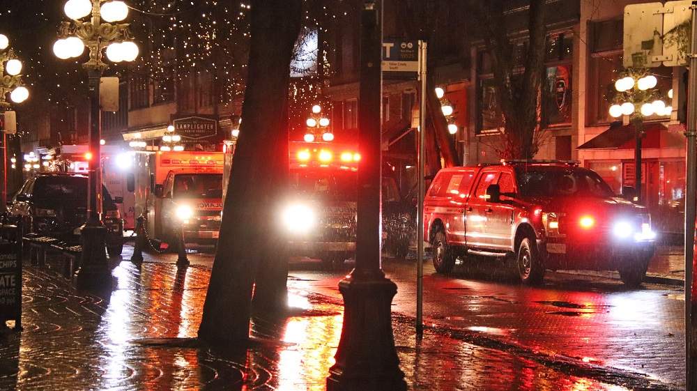 The scene outside the Gastown Hotel in Vancouver after one man was killed and a second was injured in a double stabbing on Jan. 31, 2021.