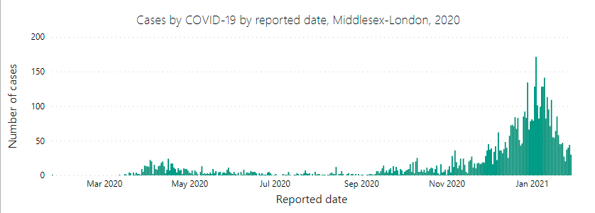This graph by the Middlesex-London Health Unit shows the region’s daily COVID-19 case increase from January 2020 to January 2021.