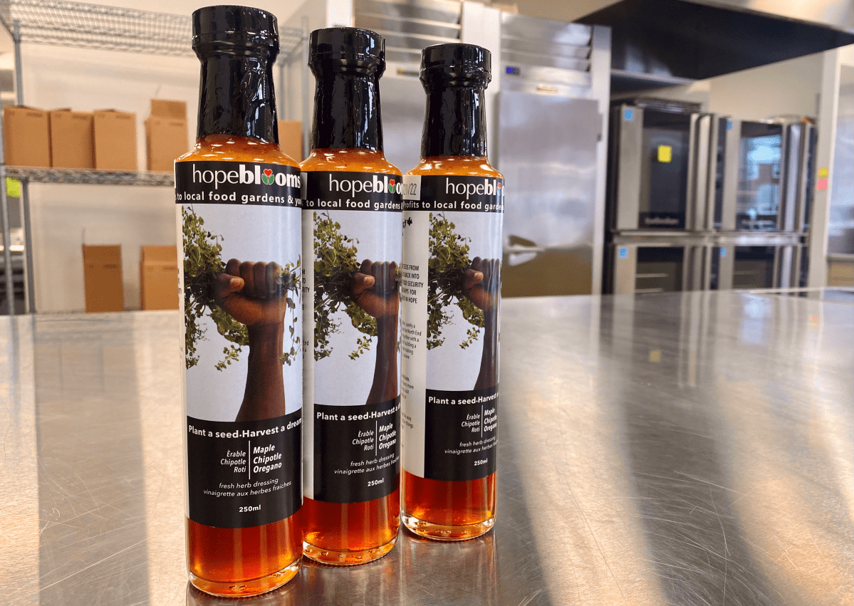 The Black Lives Matter salad dressing, flavoured with chipotle, maple and oregano, is seen at the Hope Blooms centre in Halifax.