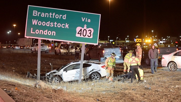 A photo of the crash scene on the QEW in Burlington, Ont.