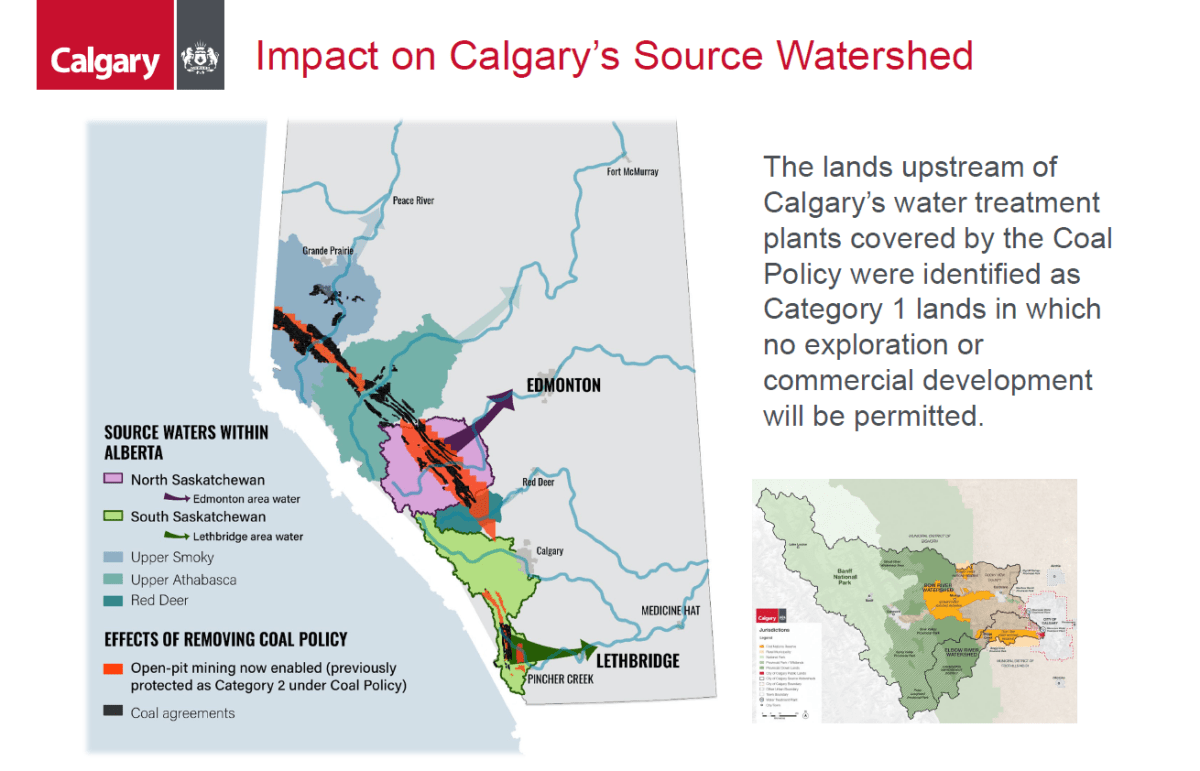 A map of source watersheds in Alberta showing that Calgary’s source watershed are not currently affected by Alberta’s new coal policies, as shown in a presentation made to committee on Jan. 27, 2021.