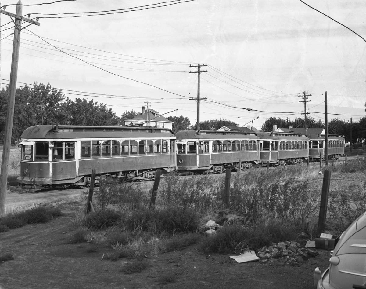 View of the Lethbridge streetcars in a storage yard after the closure of the street railway system on 8 September 1947.