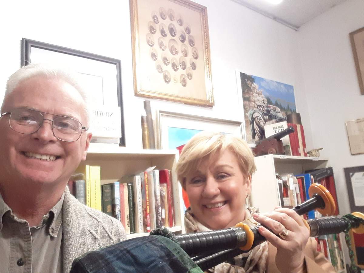 Army Museum chief curator Ken Hynes and Brenda Steele with her grandfather’s bagpipes