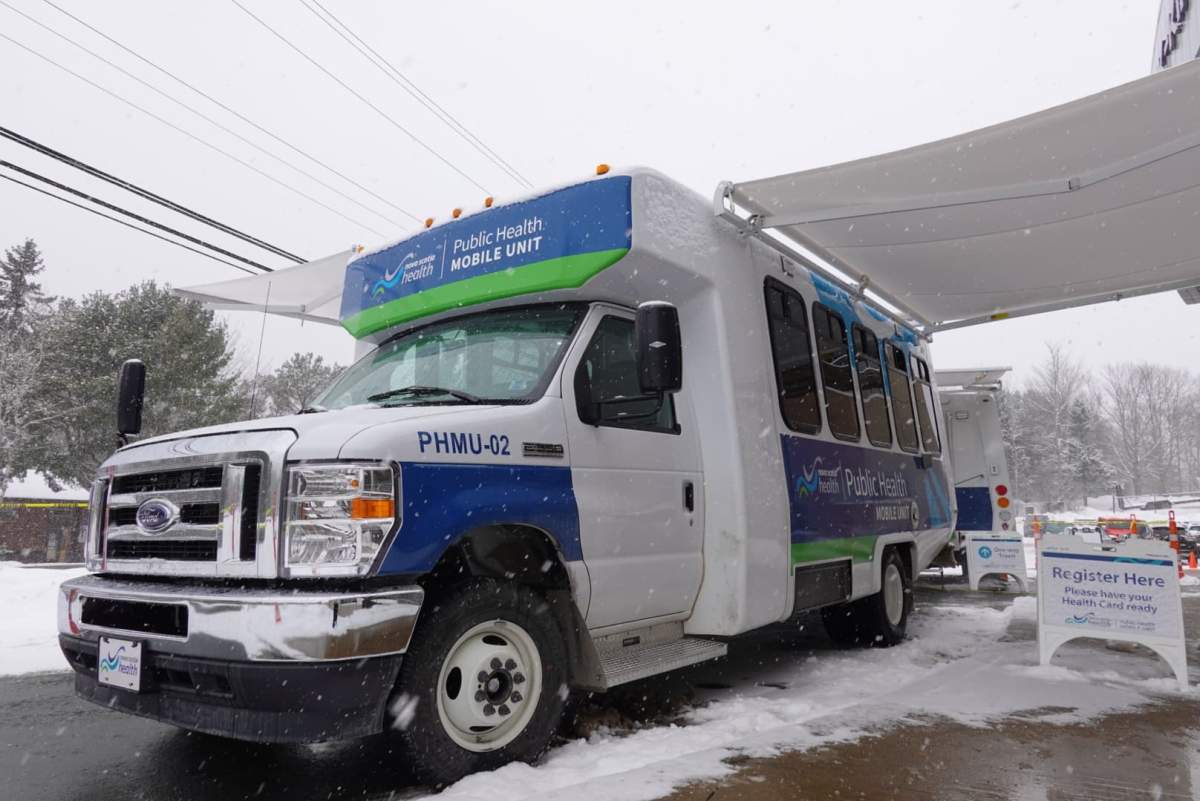 A mobile COVID-19 testing unit at the Kinsac Community Centre in Beaver Bank, N.S., on Feb. 20, 2021.