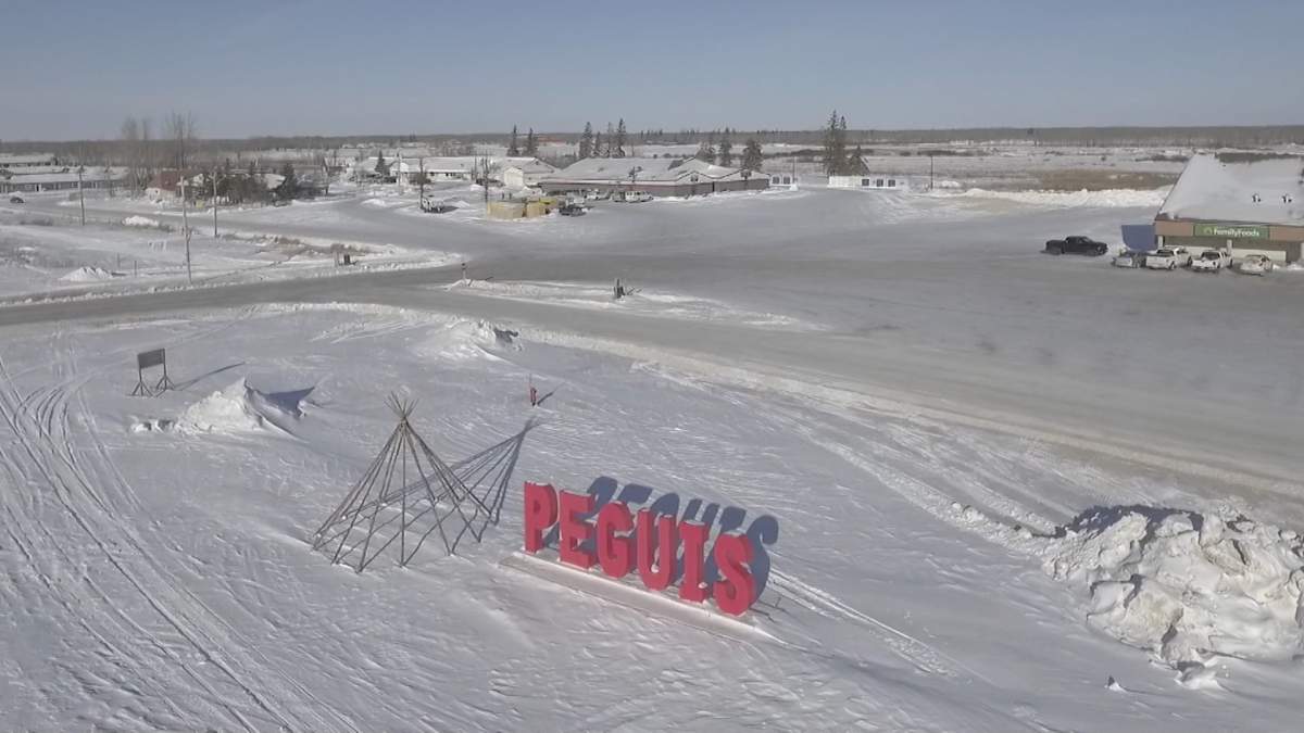 A sign marking Peguis First Nation can be seen from the sky on Feb. 14, 2021.
