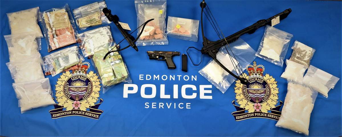 Edmonton police seized drugs and a number of weapons during two arrests on Feb. 3, 2021 including the deadly drug carfentanil and an illegal crossbow.