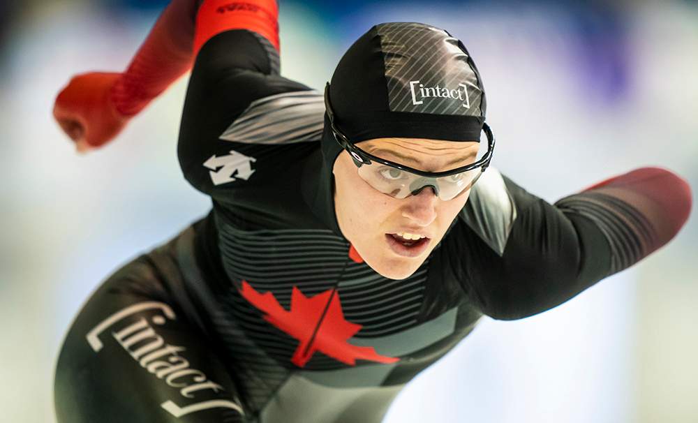 Abigail McCluskey of Penticton, B.C., looks on while competing at a World Cup speedskating event in Calgary on Feb. 7, 2020.