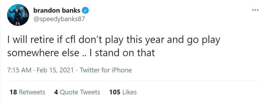 Tiger-Cats star threatens to ‘retire’ if 2021 CFL season is scrapped - image