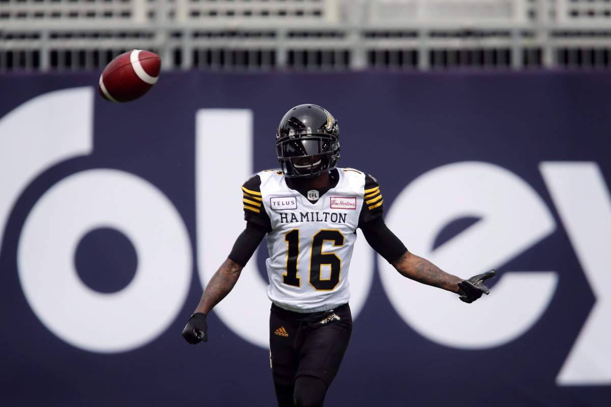 Hamilton Tiger-Cats receiver Brandon Banks celebrates a touchdown during a CFL game against the Toronto Argonauts, in Toronto, Saturday, Sept. 8, 2018. 