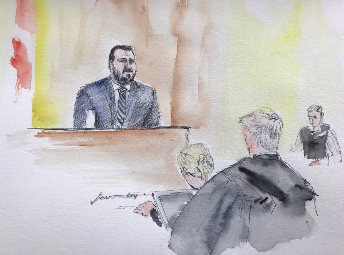 In this artist’s sketch, Nicholas Butcher testifies in a Halifax courtroom on April 19, 2018. Nicholas Butcher has taken the stand in his own defence at his second-degree murder trial in the death of Halifax yoga instructor Kristin Johnston.