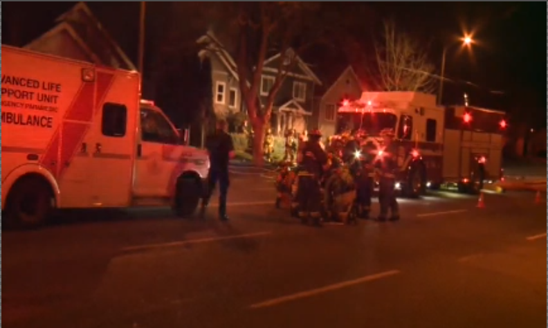 A firefighter was taken to hospital in stable condition after falling through the floor of a home on East Broadway while fighting a fire.