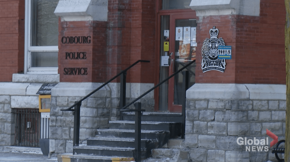 A man was arrested after the front of the Cobourg Police Service station was damaged.