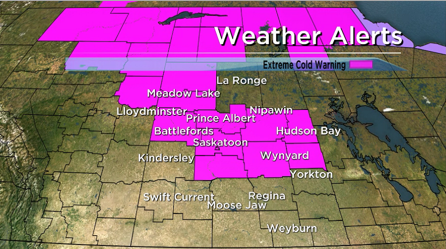 Environment Canada has issued an extreme cold warning as an Arctic ridge of high pressure sinks over central and southern parts of Saskatchewan.