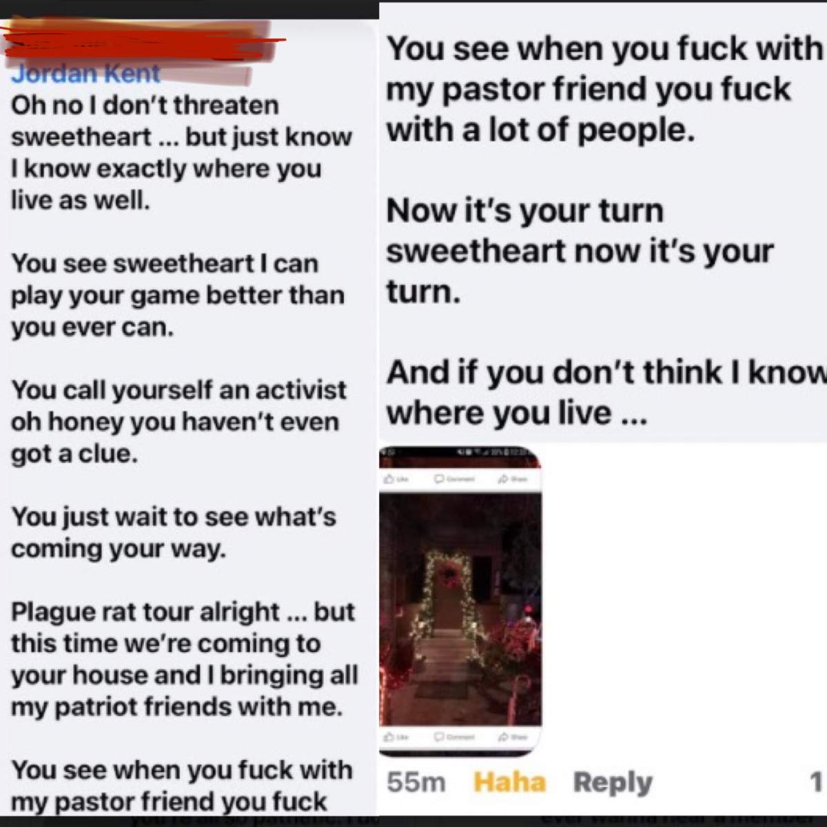 Screenshots of Messages sent to Jordan Kent over Facebook