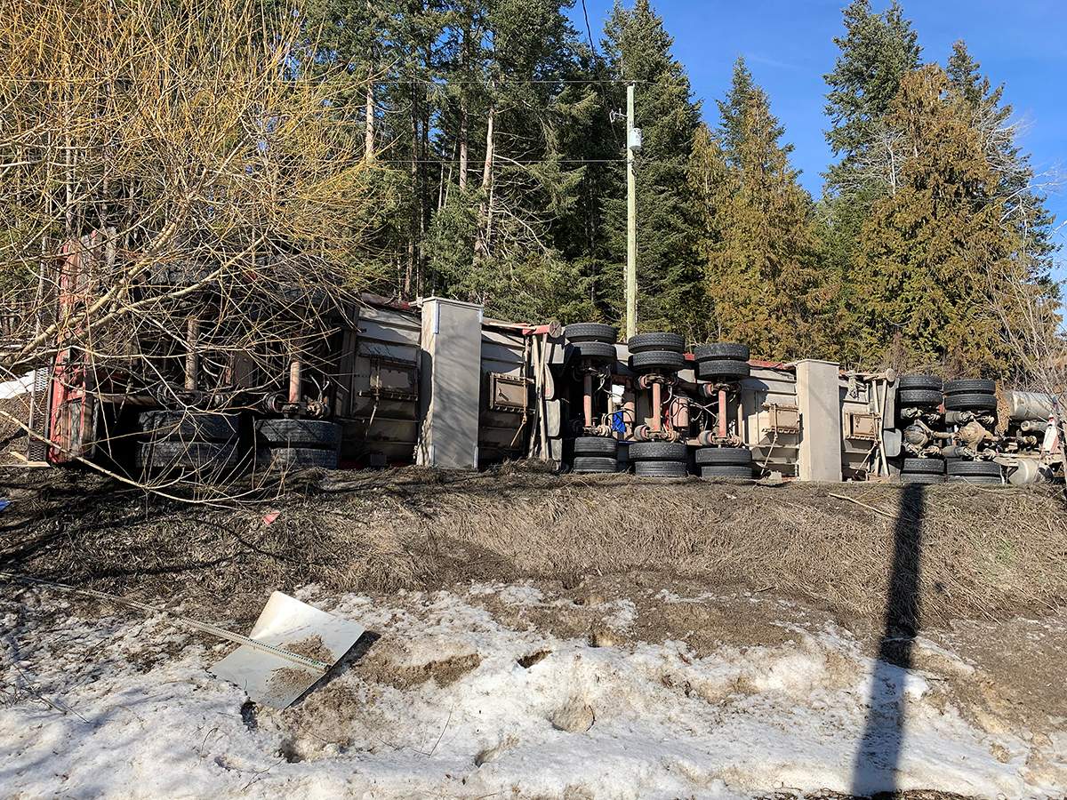 A view of the overturned semi along Highway 97A.