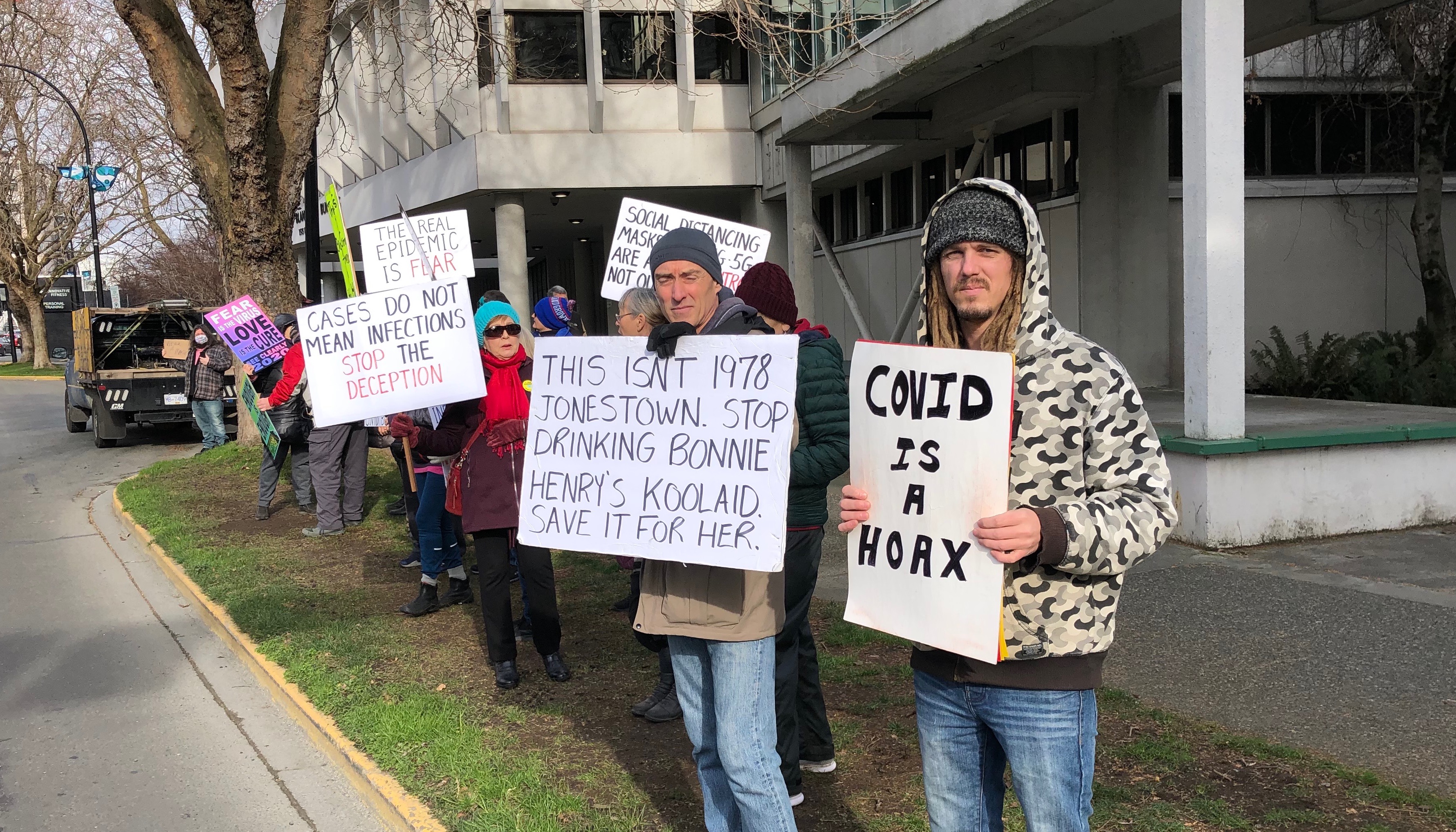 Protesters outside the office of B.C.’s provincial health officer, Dr. Bonnie Henry, Jan. 30, 2021.