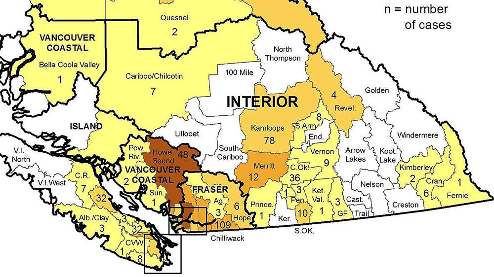 A map from the B.C. Centre of Disease Control showing the number of confirmed coronavirus cases from Feb. 12-18, 2021.