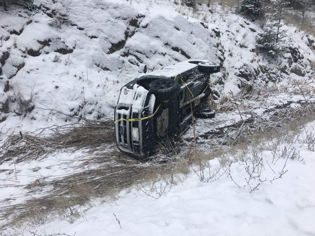 An overturned truck along Highway 97 near the Glenrosa exit in West Kelowna.