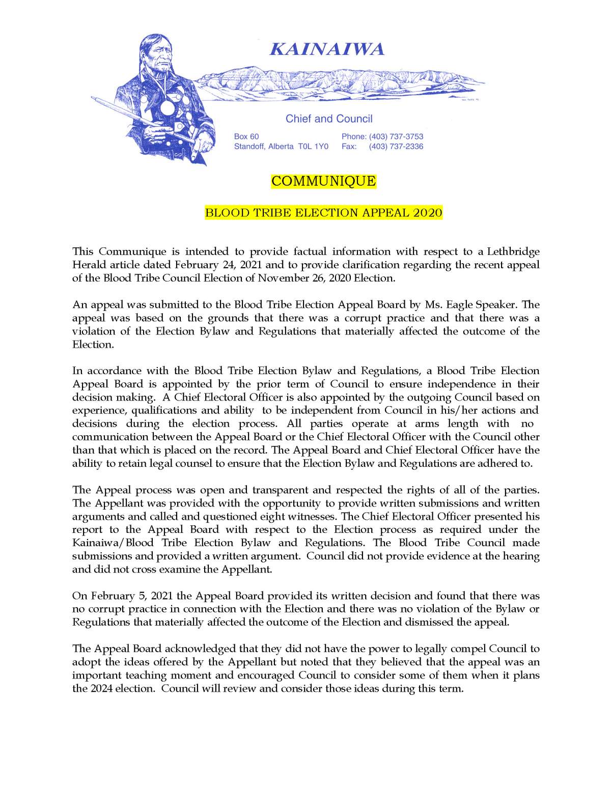 Communique Regarding The 2020 Blood Tribe Election Appeal – (February 25, 2021)