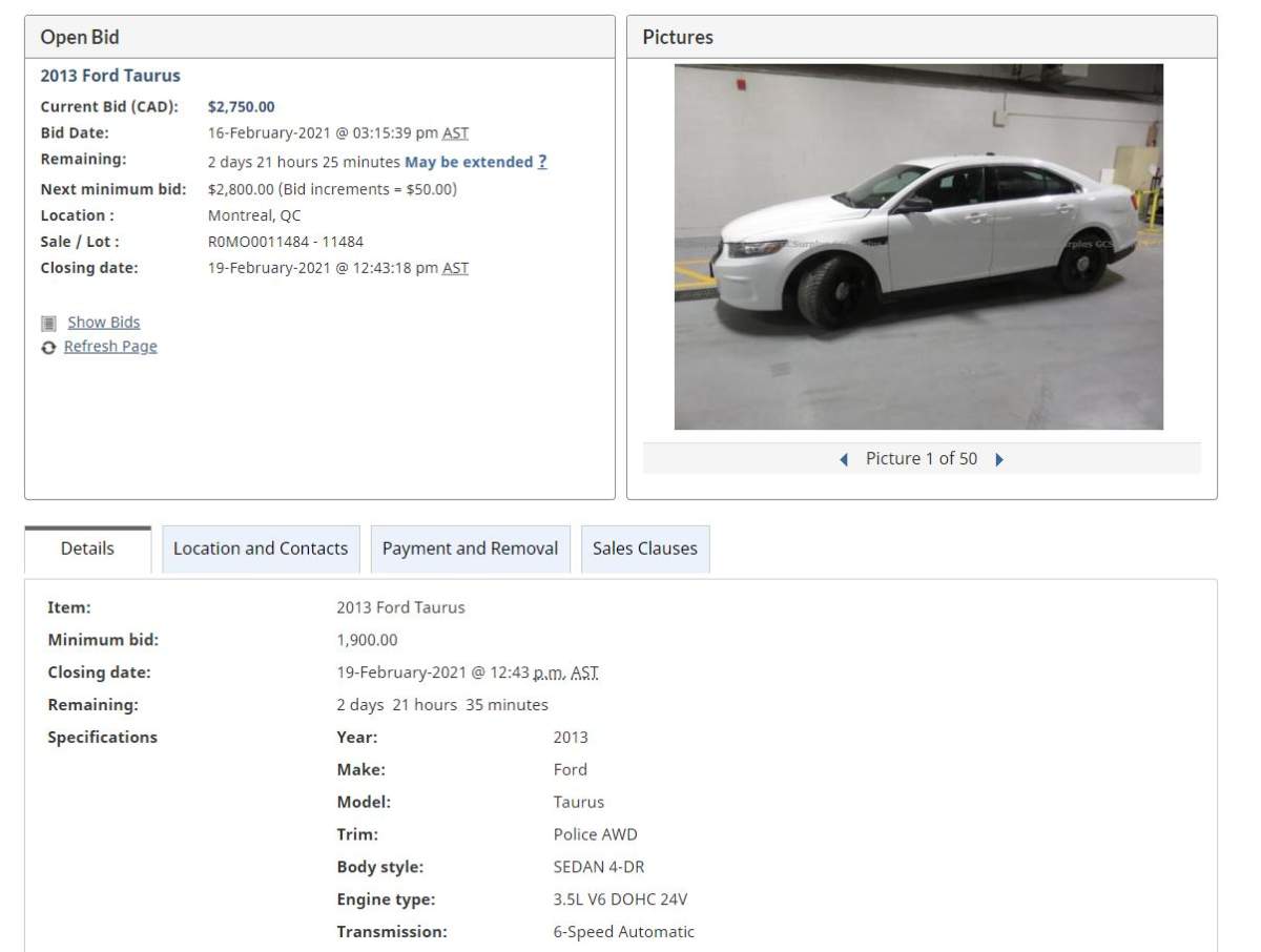 This listing for the sale of a DND police-package vehicle was removed after Global News contacted the Department of Defence and Minister of Public Safety for comment.
