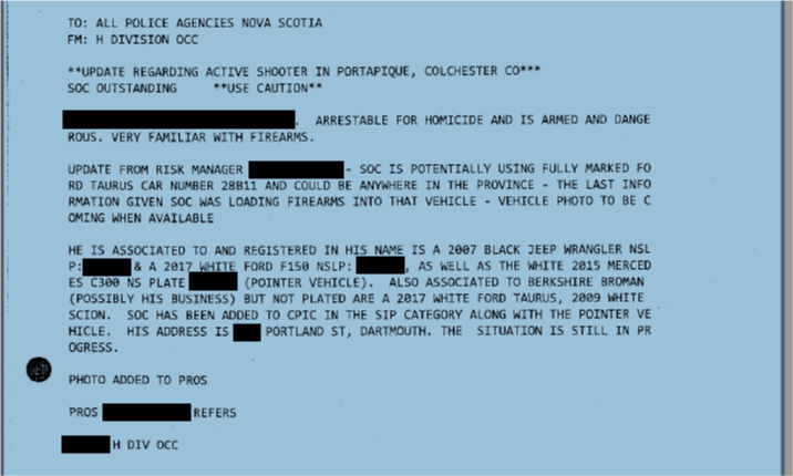 Image of RCMP be on the lookout (BOLO) sent to police forces in Nova Scotia on April 19, 2020, at 8:07 a.m.
