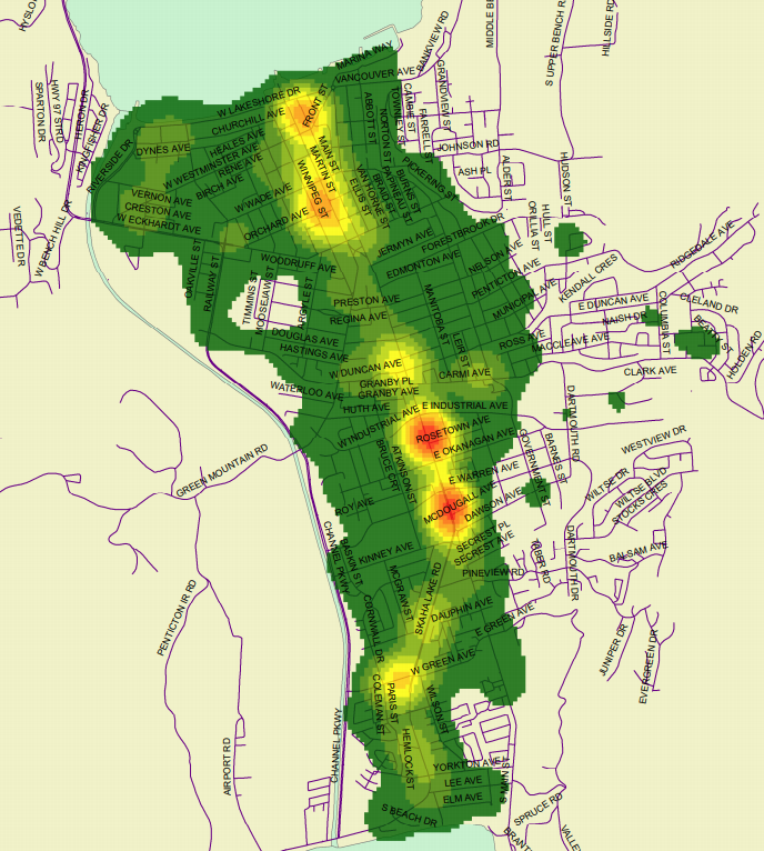 RCMP crime heat map in 2020. Green shows low call volumes, and red high call volumes.