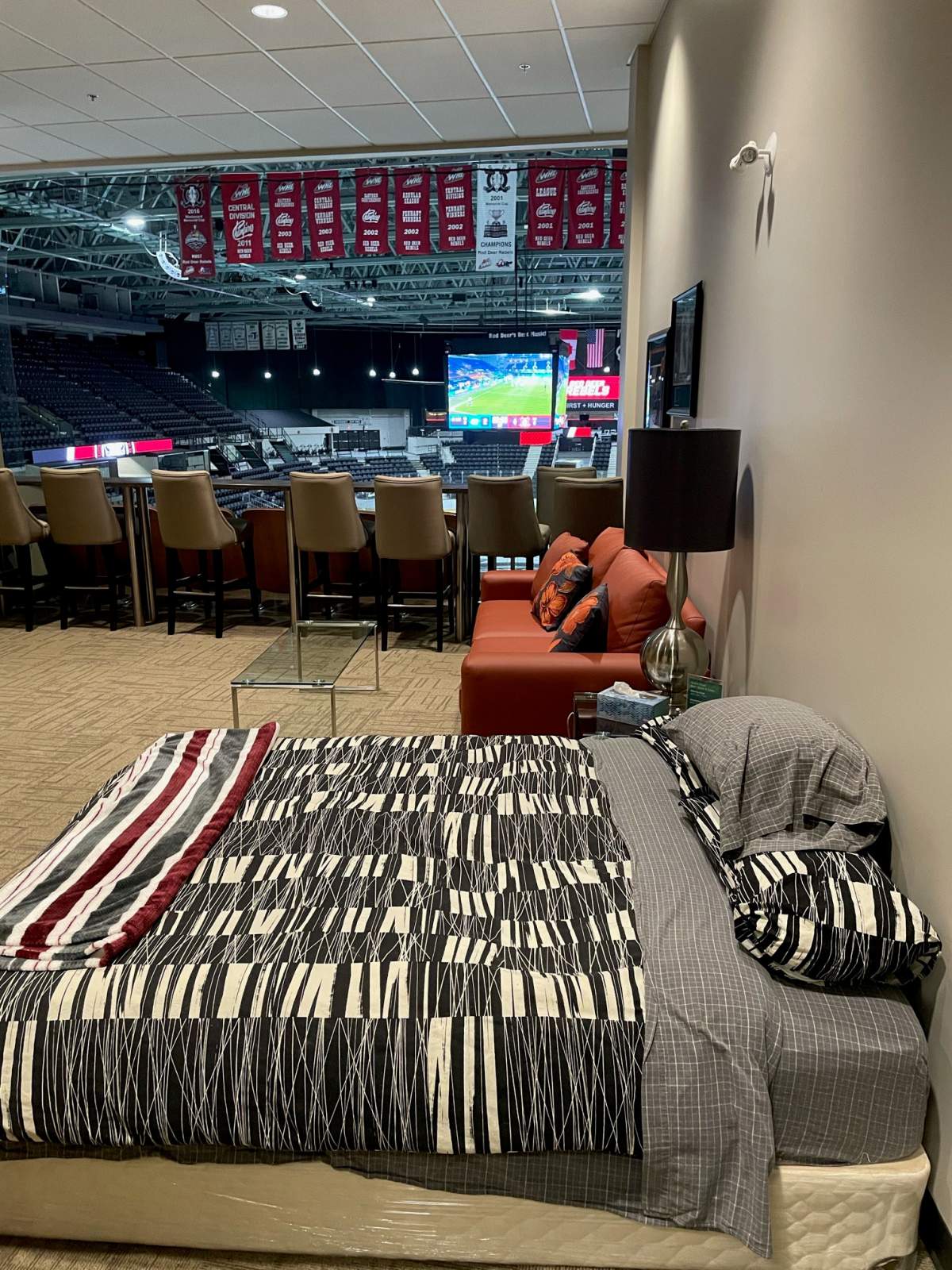 A look inside one of the suites at the hockey rink in Red Deer, Alta. The WHL team has converted the suites into makeshift hotel rooms for their players.