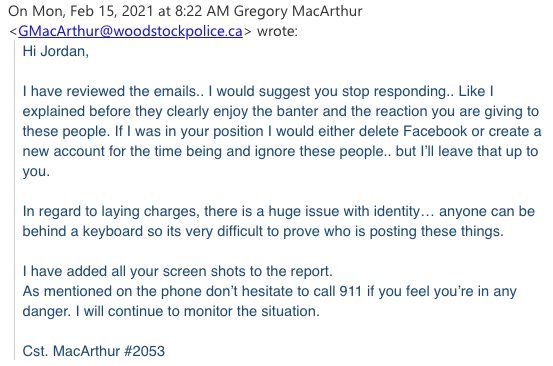 Picture of the email sent to Jordan Kent by Woodstock Police Const. Greg MacArthur on Feb 15, 2021.