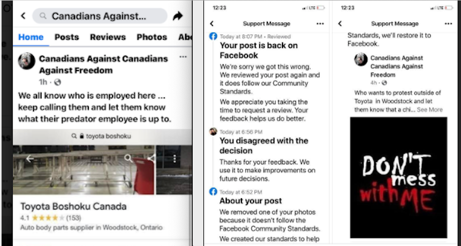 Screenshots of the posts from the deleted Facebook group Canadians Against Canadians Against Freedom showing where Jordan Kent worked.