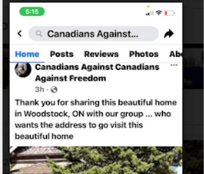 Screenshots of the posts from the deleted Facebook group Canadians Against Canadians Against Freedom showing where Jordan Kent lived.