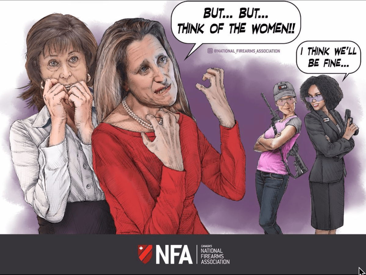 This image was posted to the social media accounts of the National Firearms Association and to the account of its executive director Charles Zach. The unknown artist purports to show Liberal MP Pam Damoff (left) next to Deputy Prime Minister Chrystia Freeland.