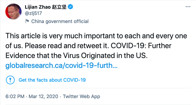 China’s foreign ministry spokesperson, seen here tweeting a post from a Montreal-based website the U.S. has linked to Russia’s disinformation “ecosystem.”