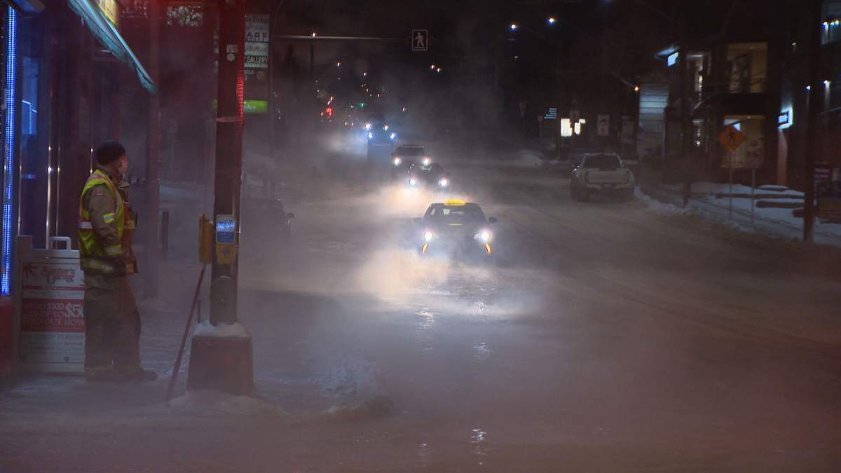 Calgary crews responded to a water main break on 17 Avenue S.W. on Monday, Feb. 8, 2021.