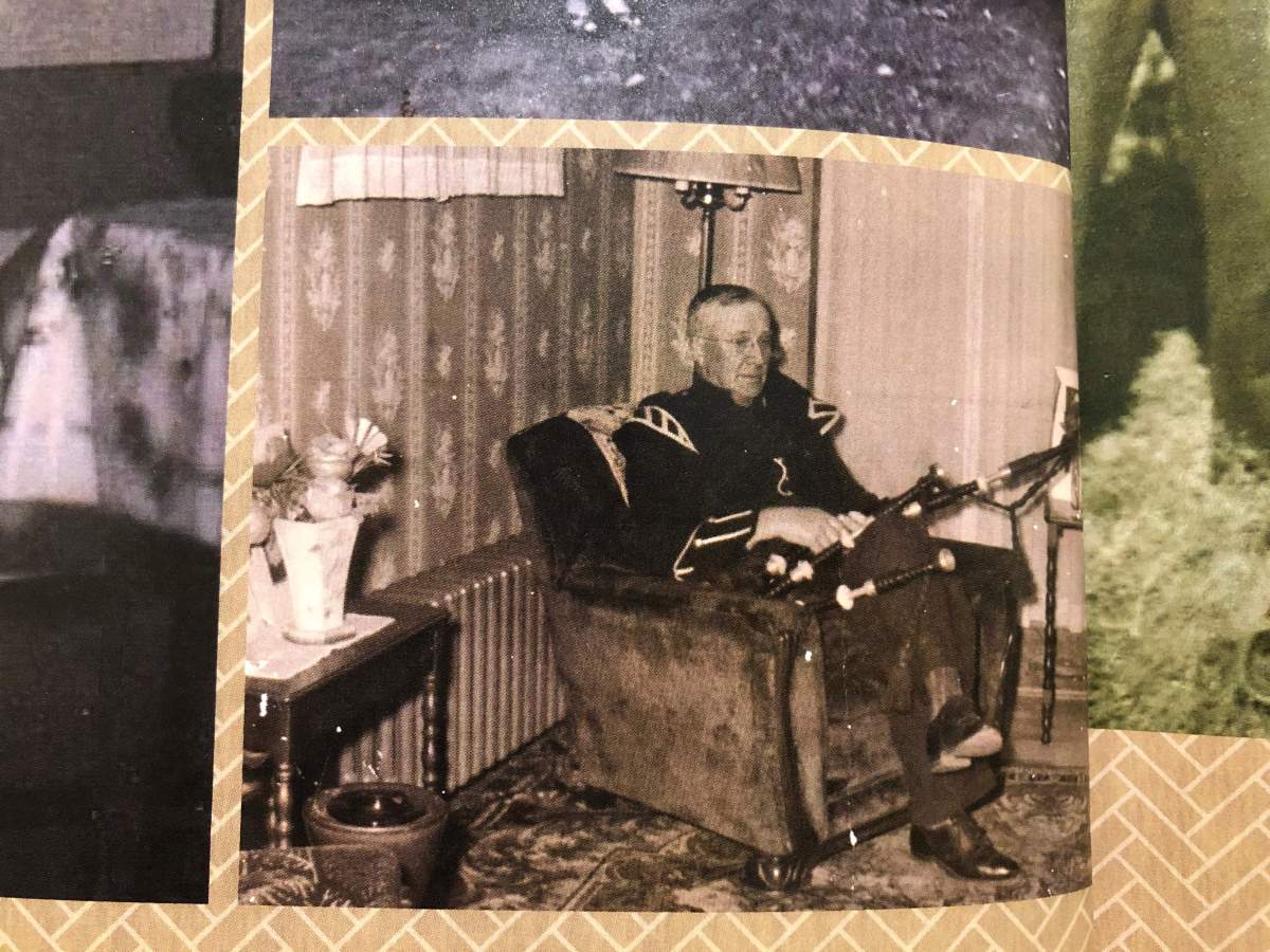 First World War piper Michael McDougall with his bagpipes in this old family photo