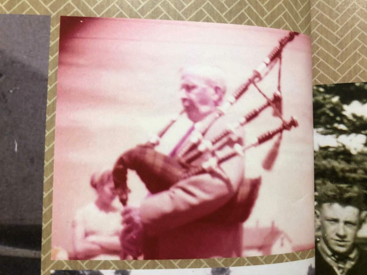 First World War piper Michael McDougall playing the bagpipes in this old family photo