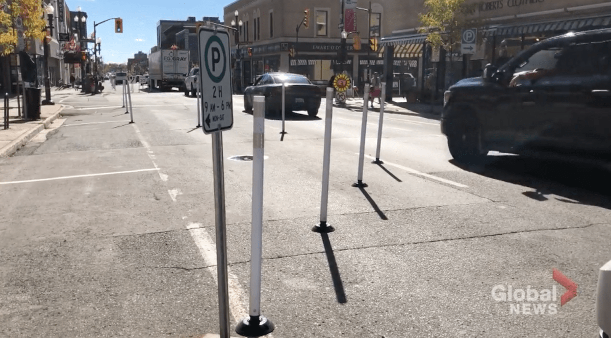 Bollards on George St. in downtown Peterborough during the summer of 2020.
